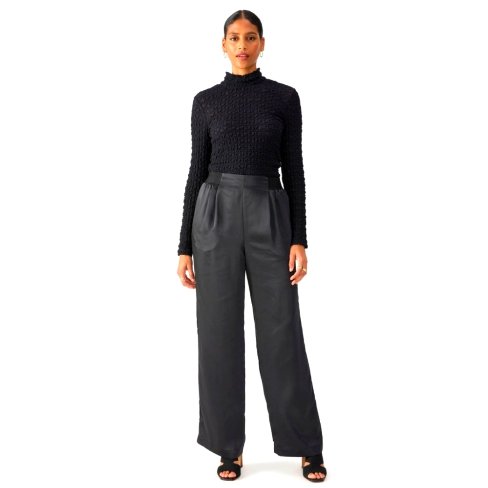 High waisted wide leg black satin pant